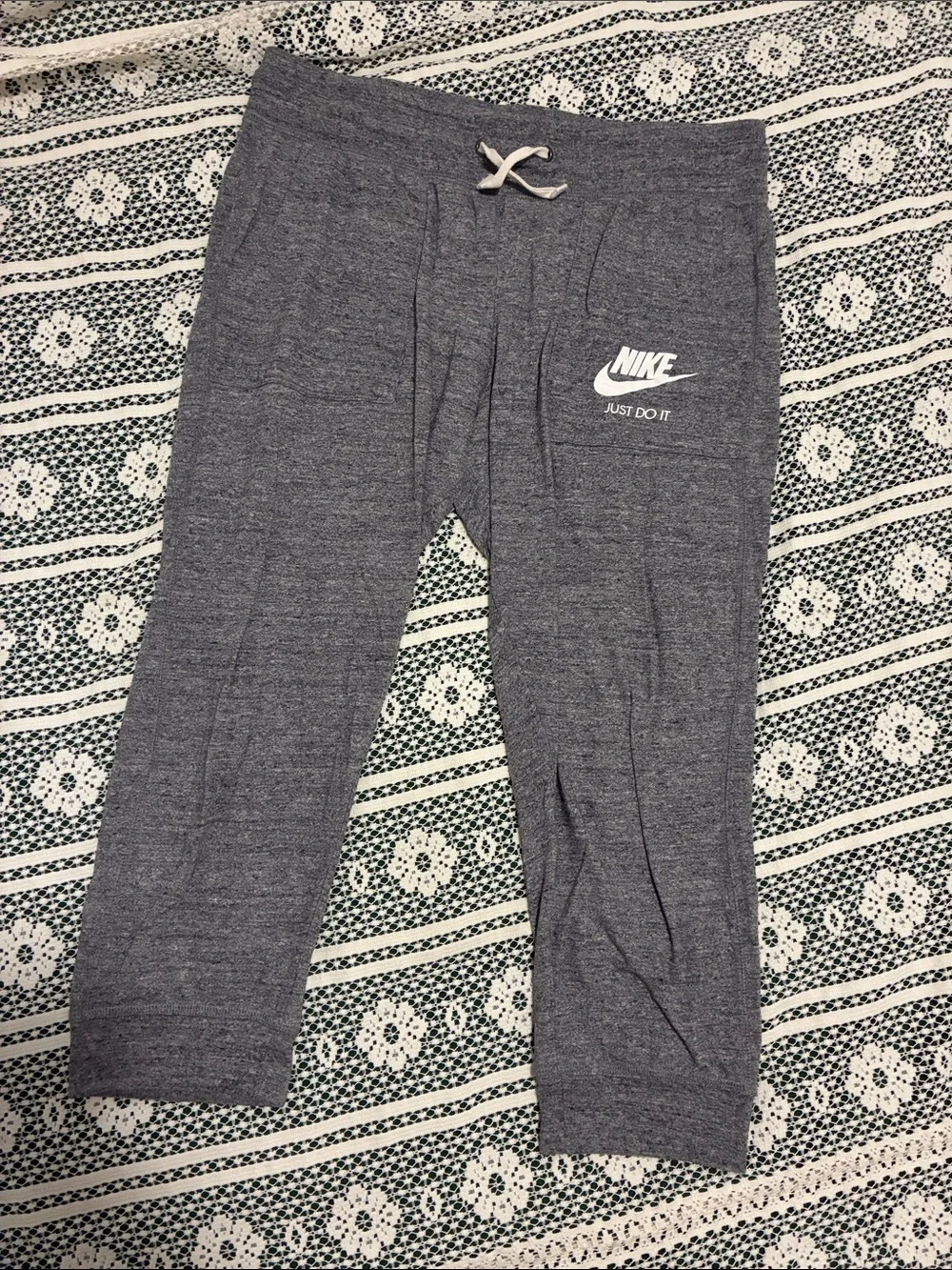 Nike Cropped Gray Heather Joggers with White Logo